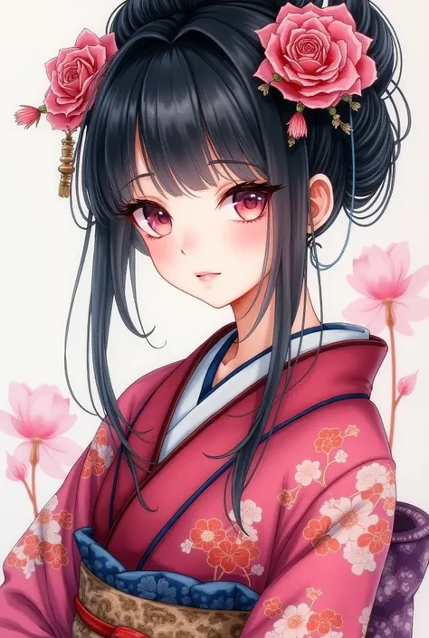 A beautiful Japanese oiran, dressed in traditional attire with a striking contrast of pink and black colors. The composition is focused on the upper body and face in a close-up, viewed from a frontal angle. The style is watercolor, with soft, blurred lines...