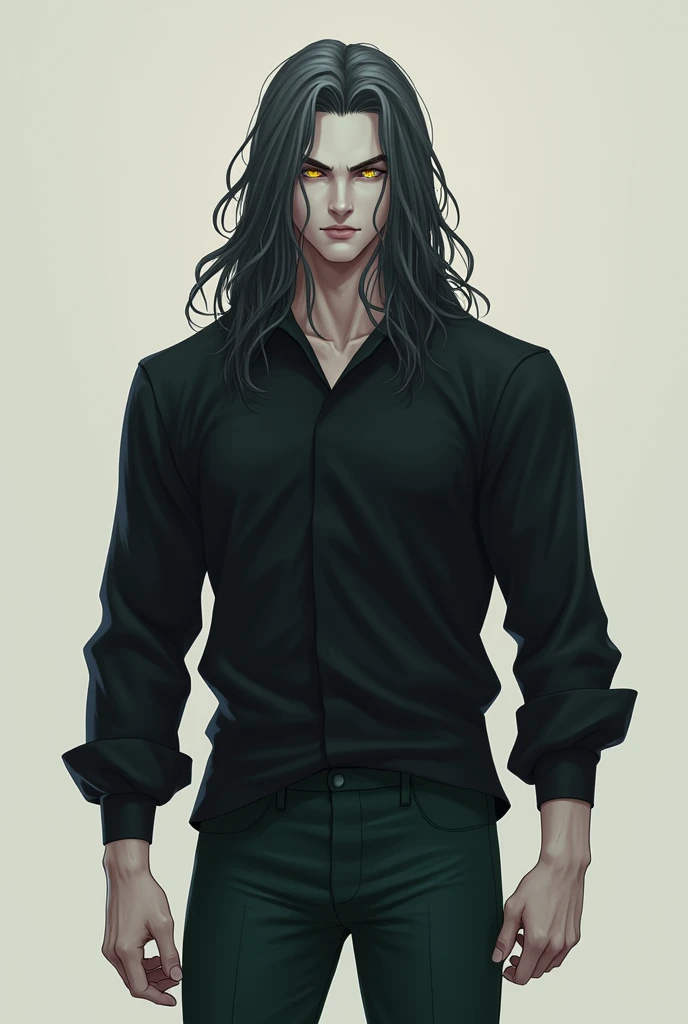 A tall guy eith dark grey hair. Long hair. Light grey skin. Black sleved shirt. Dark green pants. Yellow eyes. And a good built. And handsome young.