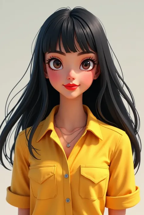 Create an animated avatar of a teenage girl with long black hair with bangs, slim build with eyeliner and red lipstick, slightly dark skin, not much blush, not much bust, and with work clothes, a yellow shirt, slightly longer hair.
