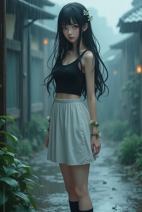 Teenager, Girl, detailed, blue eyes, black hair, long hair, left-side bangs, covers left eye bangs, lily bracelets, black tank top, white skirt, black socks, white shoes, standing, rainy. 