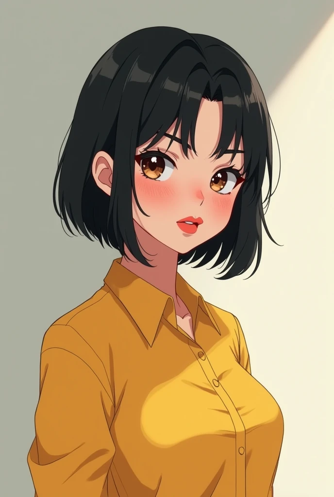 Create an animated avatar of a teenage girl with shoulder-length black hair with bangs, slim build with eyeliner and red lipstick, slightly dark skin, not much blush, not much bust, and wearing work clothes, a yellow shirt, slightly longer hair.
