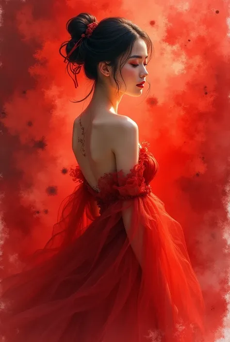 A beautiful courtesan stands in front of a red background。The painting style is watercolor.、Soft brush strokes and transparent colors。The colors are thin and overlapping、The bleeding is beautifully expressed.。The boundary between the background and the wom...