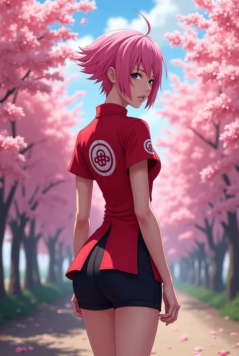 A woman wearing Sakura Haruno&#39;s outfit showing her back 