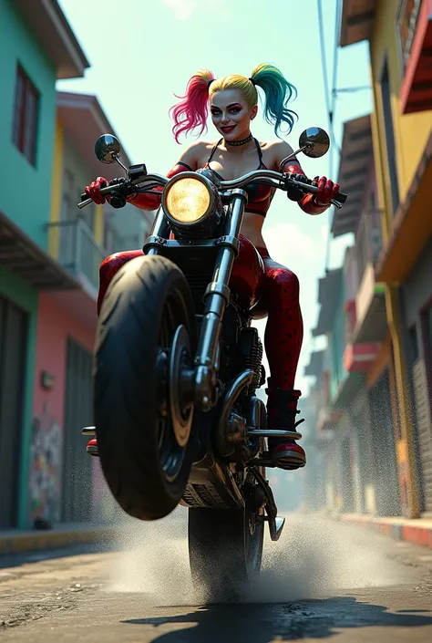 Harley Quinn doing a wheelie on a motorcycle in the favela 