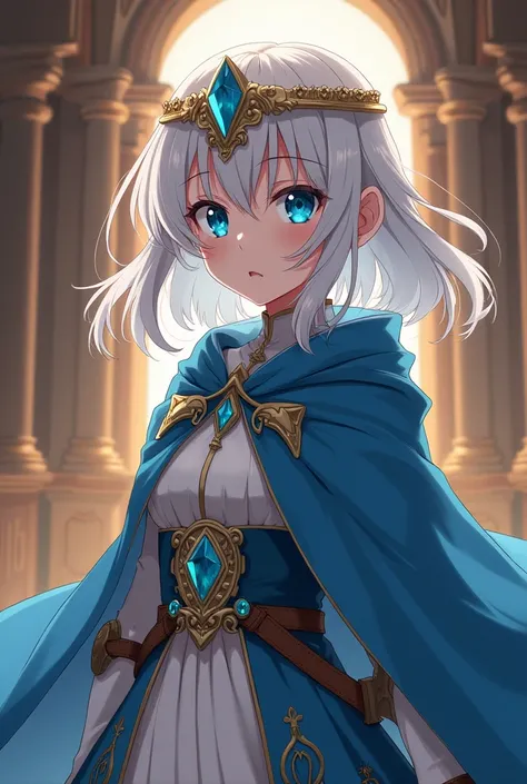 White hair with blue, sky blue eyes, young girl, anime drawing, simple royal costume closed not revealing body parts, royal cloak, no chest opening, throne room background, serious, serious, beautiful, strong build, medium length hair, Warrior, dynamic hai...