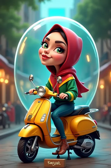 a 4D caricature of a beautiful Indonesian woman wearing a hijab, red, green and yellow hoodie, sitting on a Vespa motorbike, which is covered by a circle of transparent bluish glass, below it is a board with the name "kang edit" random background, high qua...