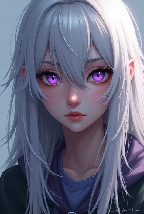 a teenager with long white hair and bright purple eyes, making a side pose with a serious expression