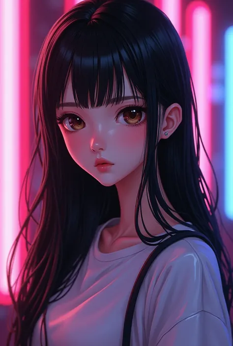 Jumi, anime, (realistic), wearing a plain shirt, light skin, large brown eyes, long lashes, thick brows, plump lips, pointed nose, long black straight hair, (no bangs) neon lights background.