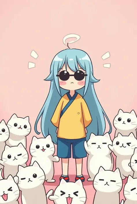 "A cute cartoon scene with a young girl in round black sunglasses, long light blue hair, and wearing a traditional yellow and blue outfit. She is surrounded by many white cats with humorous, uninterested expressions. The background is a soft pastel pink, c...