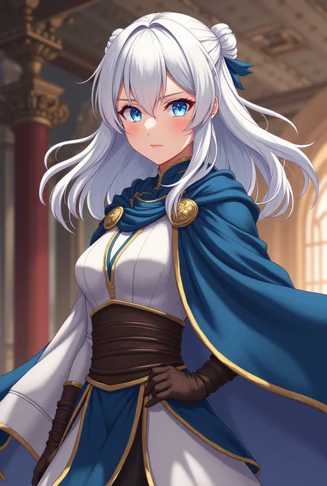 White hair with blue, sky blue eyes, young girl, anime drawing, simple royal costume closed not revealing body parts, royal cloak, no chest opening, royal chamber background, serious, serious, beautiful, strong build, medium length hair, Fighting, dynamic ...