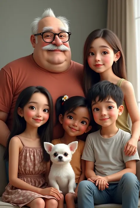 This is a family photo with 6 people and 1 dog. The father is fat, has a white mustache, white hair, a little hair, likes to put hats over glasses on his head, likes to wear T-shirts, very white skin. The mother is petite, has long hair, no bangs, dresses ...