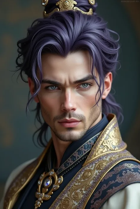 Beautiful and handsome man, pale skin, dark purple hair. Silver eyes and pink lips. Masculine traits. Dressed in ancient costume.