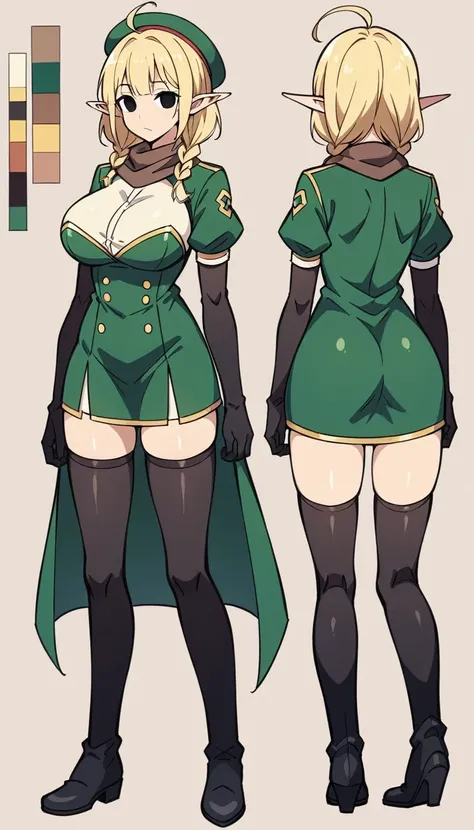 Parisienne、1mature woman,Elf、short hair、twin braids、ahoge、blonde、(thin)、Big Breasts、Tall、empty eyes、black eye、Black elbow gloves、((black thigh highs))、Small black beret、Brown scarf、green mini dress、Brown mid-length boots、thin太もも、isekai、fantasy,NSFW,Charact...