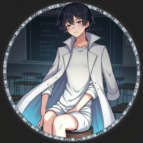 A detailed anime boy with short black hair and blue eyes, wearing a white coat and black pants, sleeping on a stool in a classroom background, (best quality:1.2),(super high resolution:1.2),(extremely detailed:1.2),(realistic:1.37),(photorealistic:1.37),(m...