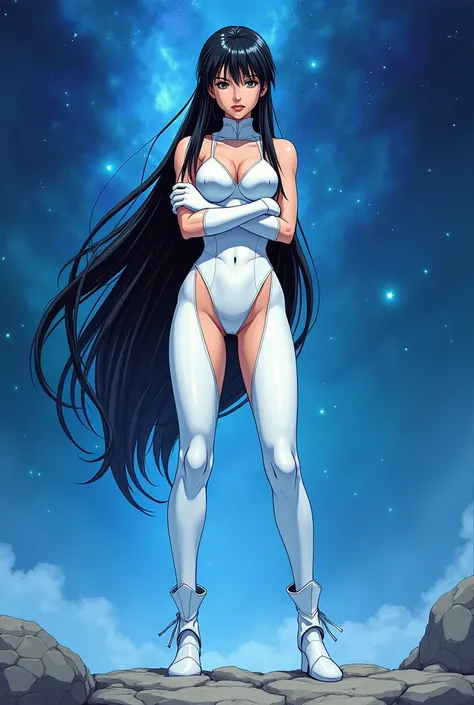 Woman, long black hair, body-hugging white armor, corpo delgado, musclegirl, serious face, serious expression, without the upper part of the clothing, crossed arms, silver boots, blue nebula in the background, full body view, 90s anime style, desaturated c...