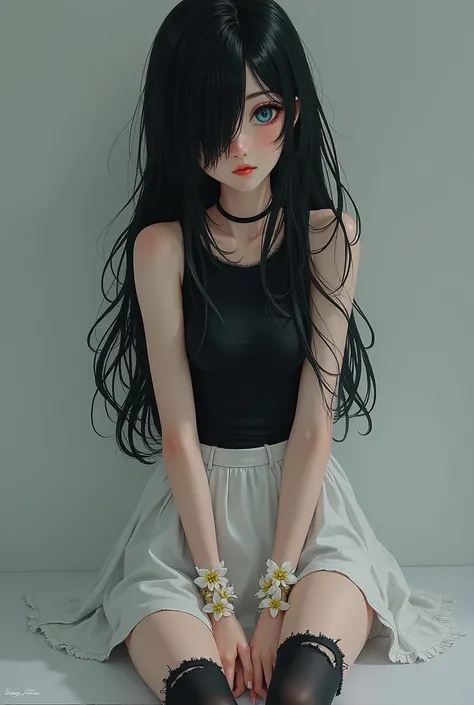 Teenager, Girl, detailed, blue eyes, black hair, long hair, left-side bangs, covers left eye bangs, lily bracelets, teared black tank top, teared white skirt, teared black socks, white shoes,