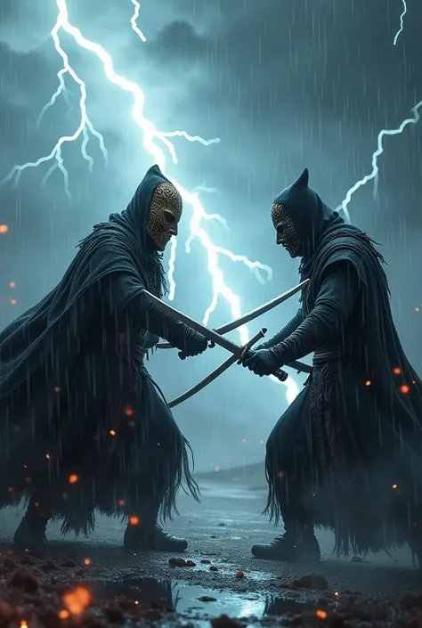 Two masked swordsmen facing off in the rain with lightning behind them