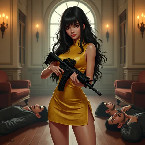 wide depth of field, wide depth of focus, f/11 lens setting, all objects in focus, full color image, , large fraternity house room, a happy raven haired women , posing with an M16 rifle,, full body image, woman wears (short satin cheong sam dresses) (yello...