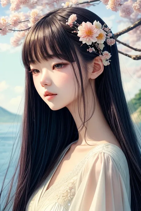 ((Highest quality)), ((masterpiece)), (detailed),((pale)),(thin),There is a young Japanese woman with flowers in her hair and a white dress.,((clear)),Beautiful portrait、A neat hairstyle、Black Hair、Blue theme、Watercolor、Blurred colors、Ink Painting、 Beautif...