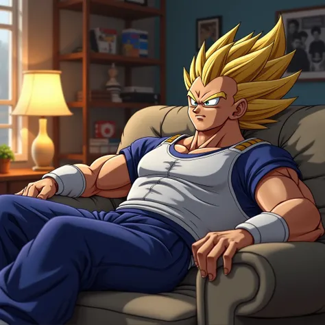 Vegeta from Dragon Ball lying down in the living room in casual clothes　Real