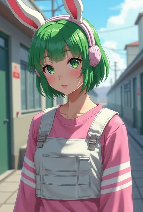 a Japanese military character, with short green hair, white mascara, pink sweatshirt with white stripes, rabbit headphones, white vest on top