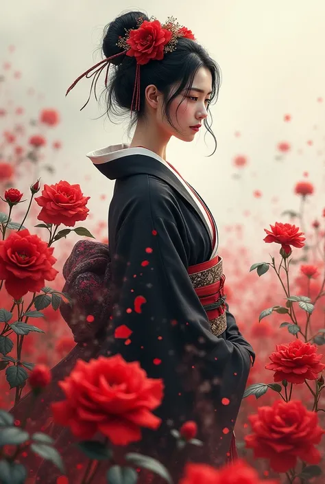 A beautiful Japanese oiran standing on a battlefield with red and black roses in the background. The composition is focused on her upper body, with a watercolor painting style where the boundary between the oiran and the background is blurred. The hand-pai...