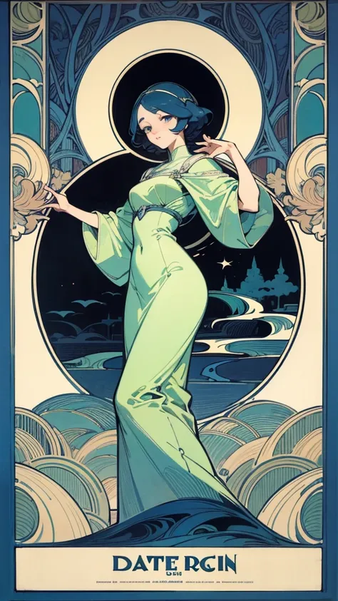 High resolution, woman。Art Deco、Art Nouveau-like poster