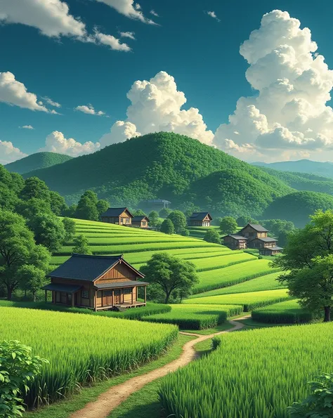 (highest quality image) A serene countryside scene with lush green rice fields, a dirt path winding through tall grass, and traditional wooden Japanese houses nestled among dense trees and hills. In the background, layers of green hills are covered with ta...