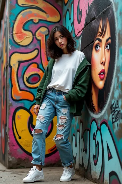 A woman stands next to a wall with vibrant graffiti art. The graffiti features a large, stylized portrait of the womans face and the word "Jogja". the woman was wearing a white Japanese-style t-shirt, green and black hoodie, ripped jeans, and sneakers. The...