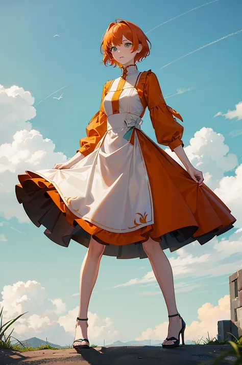 1woman, short orange hair, green eyes, tall, dress, standing on ground, high res, ultra sharp, 8K, masterpiece