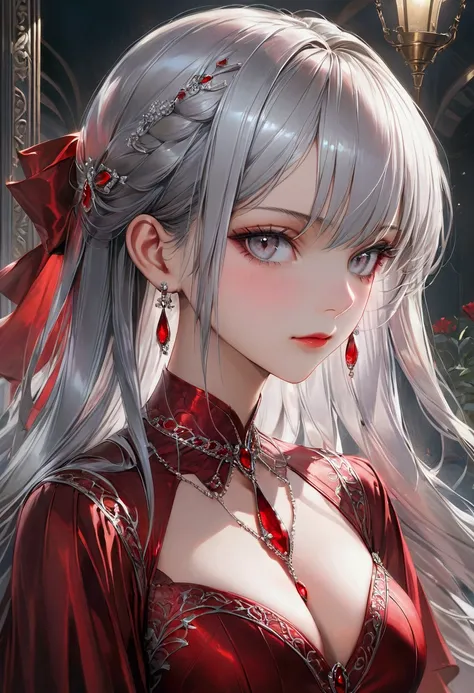 Long smooth straight silver hair, silver eyes,elegant red low high dress, masterpiece, super detail, best quality, 8k,realistic