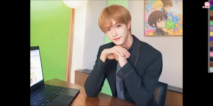 there is kawaii boy sitting at a table with a laptop, handsome pose, handsome man, tall guy with chocolate eyes, portrait of a handsome man, sitting at his desk, delicate androgynous prince, charming sly smile