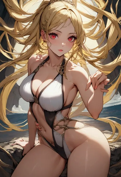 A woman with long yellow hair and red eyes wearing a very sexy swimsuit while holding one hand on her waist 