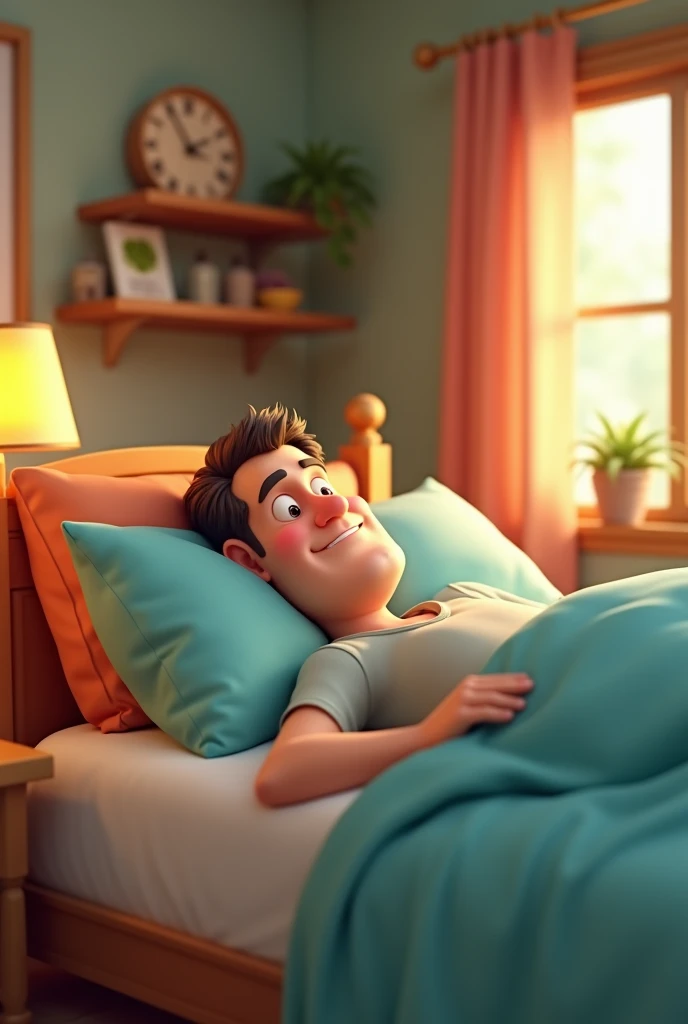 A humorous scene where a man is lying comfortably in bed, responding playfully to his wifes call from the kitchen. He should have a relaxed and amused expression, making a witty remark. The mood of the room should be light-hearted and fun." generate in 3d ...