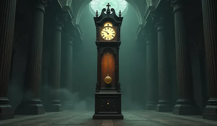 The Grandfather Clock:**
   - An old grandfather clock in the large room. The clock should have a dramatic, darkened look with its pendulum swinging and a mysterious glow coming from inside.
