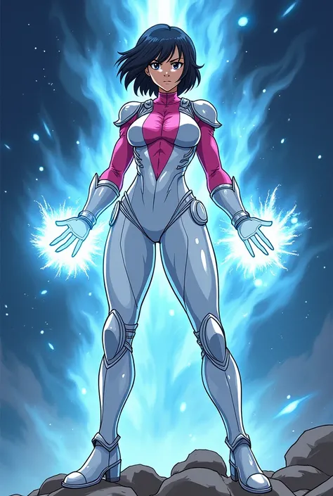 Woman, short black hair, white armor with tight fit, hot pink long sleeve shirt under armor, corpo delgado, musclegirl, serious face, serious expression, energy coming out of the hands, silver boots, blue nebula in the background, full body view, 90s anime...