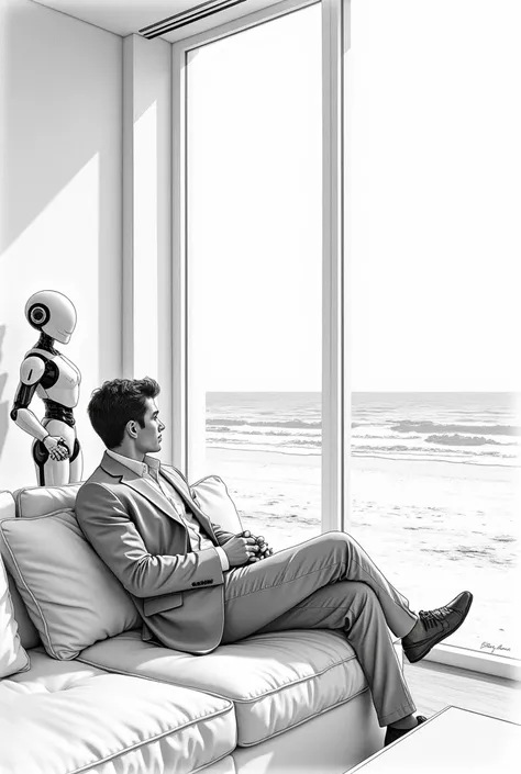 (pencil sketch 1.2), a young man setting on a couch, resting and relaxing while savoring the beauty of the beach view, he is looking from inside of his home in a glass, he is wearing a luxurious suites, there also a robot bodyguard 