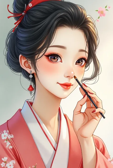 A close-up of a beautiful Japanese oiran putting on makeup with a simple background. She has a gentle smile on her face. The style is watercolor, with soft brushstrokes and transparent layers of color. The colors overlap delicately, creating a beautiful bl...