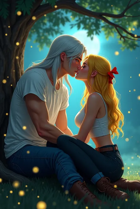 man with long white hair,Red eyes,White sleeveless t-shirt,blue jeans from Jean,black boots Woman with good physique,Long yellow hair with red ribbon, tied in them,Blue eyes,white cropped sleeveless t-shirt,black trousers, stuck to the legs,brown boots The...