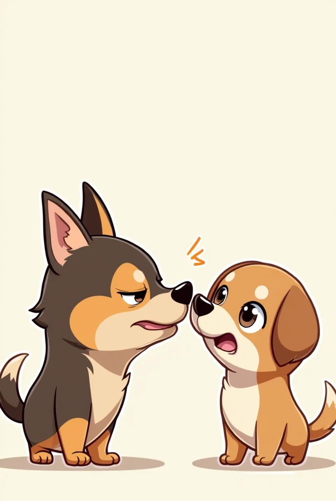 Two chibi dogs standing opposite each other. One chibi dog is nibbling on the other&#39;s snout.. The dog had its tail tucked under its chin and looked scared.. The dog is chewing with a serious expression. , while the dog that was bitten looked worried, w...