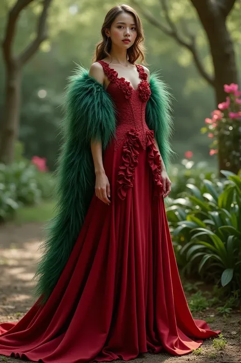 Design a cute red dress with a green feather cape