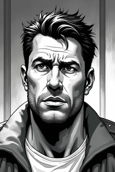 Black and white realistic comic style image of a man talking worried