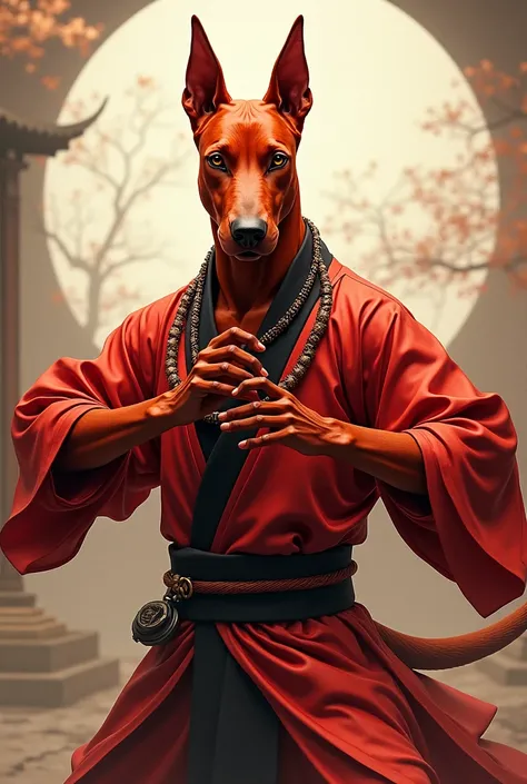 A anthropomorphic red Doberman. Wearing a kimono, necklace with black pearls. Doing a Gatka pose. 