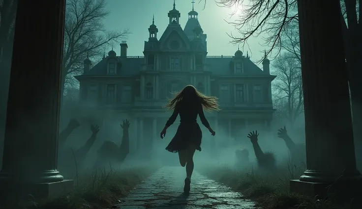 Escape from the Mansion:**
    - Lily running towards the exit, with shadows reaching out for her. Show a sense of urgency and fear as she rushes out of the crumbling house.