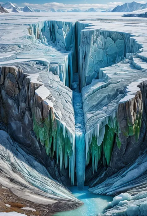 a cross-section of a glacier revealing a frozen mammoth inside, layers of ice of different ages, blue and green tones, scientific style, detailed anatomy, extremely detailed ice layers, extremely detailed frozen mammoth, (best quality,4k,8k,highres,masterp...