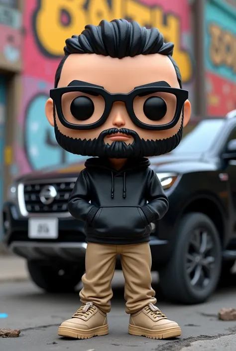 Create funko pop man, black hair military cut, black glasses, black beard, chompa color negro, beige pants, beige sneaker, on the side of Nissan Terrano 2 black color, on a background with graffiti.