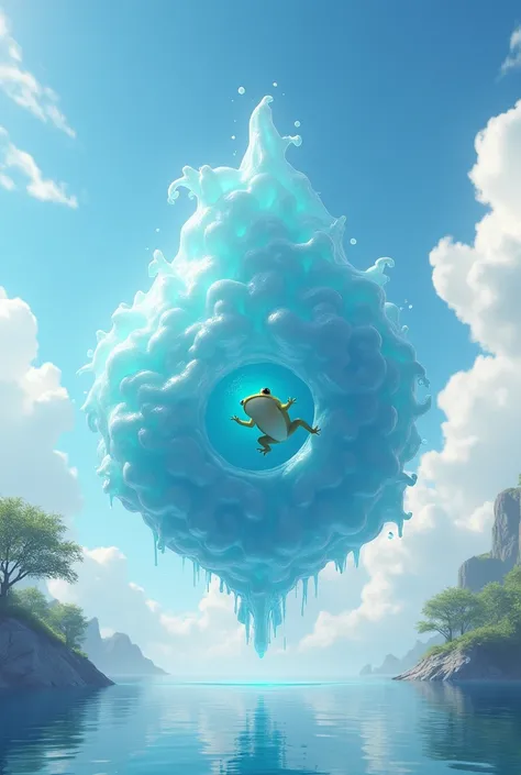 A floating mass of water，Shiny and shiny，As bouncy as a flying balloon，The water mass is flying in the sky，A frog swimming in a mass of water，high resolution，Real