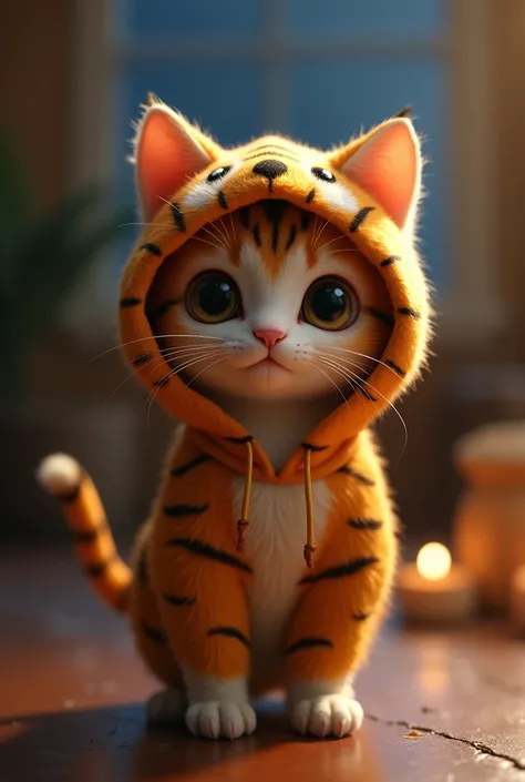 A small cat standing facing forward with its front legs raised。
Big eyes with a cute, human-like expression。Slightly larger head than body。limbs are short。
Wearing a tiger costume。Wearing a hood。Glossy texture。
Background is indoors、night。


