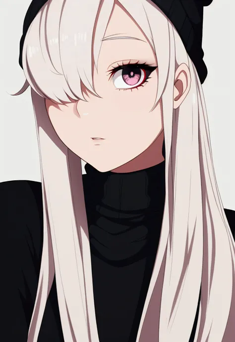 One eye, beanie, turtleneck sweater, heart pupil, yandere, one eye covered by hair