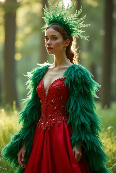 Design a cute red dress with a green feather cape and a green feather crown